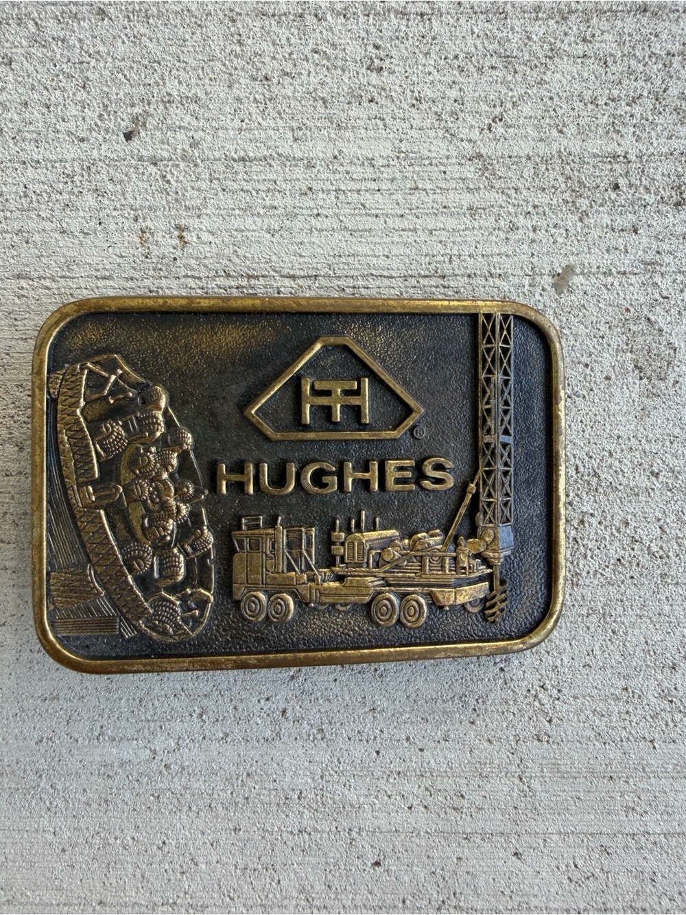 Vintage 1978 Hughes Oilfield Solid Brass Belt Buckle BTS Made USA Drilling Rig